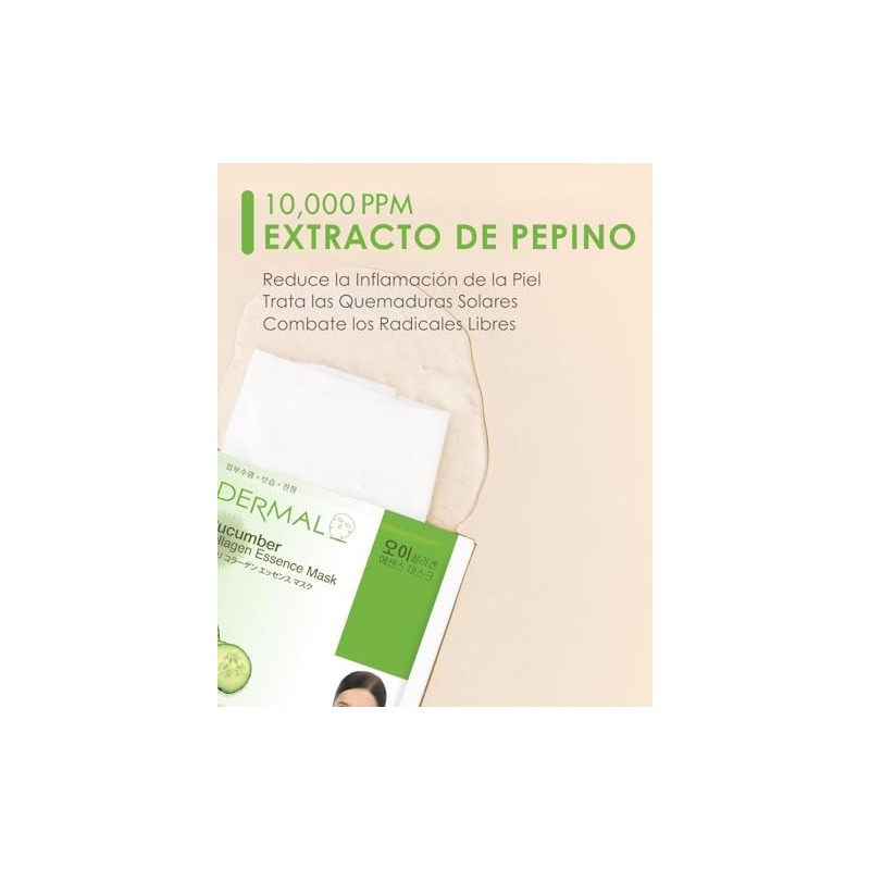 DERMAL Korea 10 Mascarillas Cucumber con Pepino, Colágeno y Vitamina