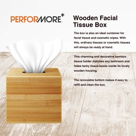 Performore Square Bamboo Tissue Box Cover - Stylish Water-Resistant Wooden Facial Tissue Holder for Bathroom, Office Desk & Nightstand - Compact 16"x14"x14" Design