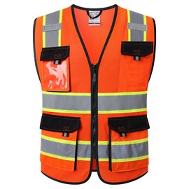 JKSafety Hi Vis Reflective Safety Vests for Men Women High Visibility Vest with Pockets Mesh Fabric Construction Safety Apparel Neon Vest for Work (220-Orange M)