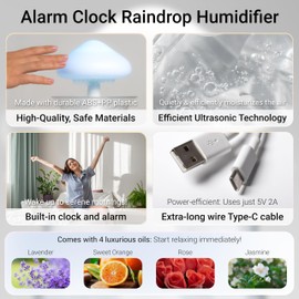 Protecta Rain Mushroom Humidifier Water Drip - With Clock and Alarm - Cloud Diffuser with Rain Mushroom Humidifier Water Drip - White