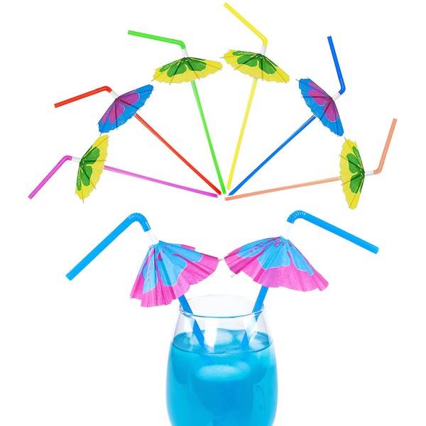 Multicolored Tropical Luau Parasol Hibiscus Print Umbrella Disposable Bendable Drinking Straws for Island Themed Party, Kitchen Supplies, Bars, Restaurants (48 Pack)