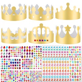 52 Pcs Paper Crowns Gold Paper Party Hats Set with 28 Sheets Gem Jewels Alphabet Number Letter Stickers, Jubilee Hats Crowns for Adults DIY Paper Crowns Princess Prince Crown for Party Celebration