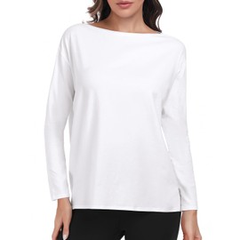 HeyNuts Women's Pima Cotton Long Sleeve Shirts Workout Boat Neck Loose Fit Soft Tops Athletic Casual Shirts White L(12)