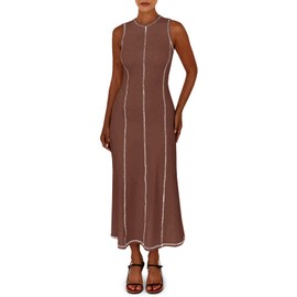 Wenrine Womens Sleeveless T Shirt Maxi Dress Summer Contrast Stitch Ribbed Knit Tank Dresses Coffee