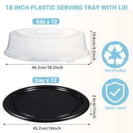 12 Pieces Serving Trays with Lid 18 Inch Plastic Party Platters with Lids Heavy Duty Black Round Food Tray Large Stackable Plastic Catering Trays for Serving Appetizers Veggie Takeout Food Picnic
