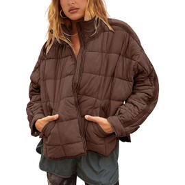 Bianstore Women's Oversized Splice Quilted Lightweight Puffer Jacket Casual Padded Coat(Coffee-Large)