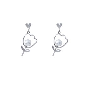 Tulip Earrings for Women White Pearl Tulip Flower Dangle Earrings Tiny Heart Flower Drop Earrings Valentine's Day Birthday Christmas Gift for Her (silver)
