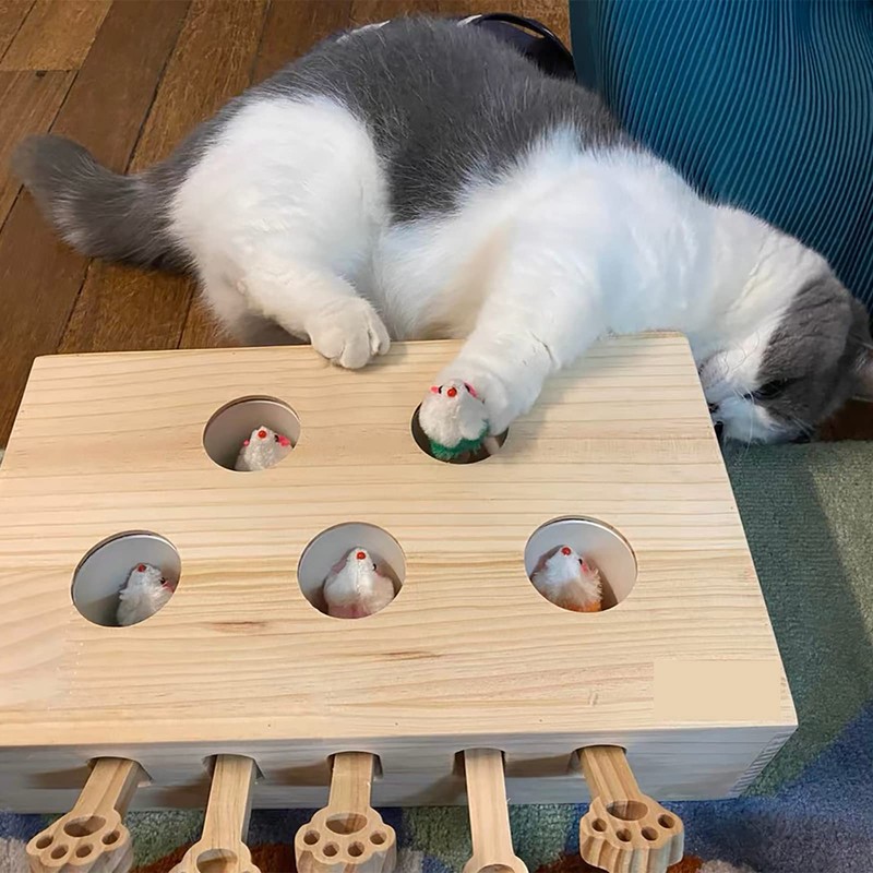 Interactive Wooden Whack-A-Mole Cat Toy, Engaging and Durable Play for