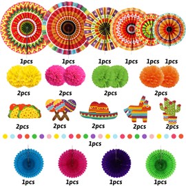 ZERODECO Mexican Party Decorations, 21 Pcs Multi-color Mexican Paper Fans, Pom Poms Flowers for Mexican Fiesta Cinco De Mayo Taco Themed Birthday Party Supplies