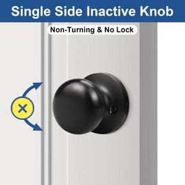 GOBEKOR 1 Pack Black Dummy Door Knobs Interior Matte Black Round Dummy Door Knobs Keyless Stainless Steel Single Side Door Knobs for French Doors