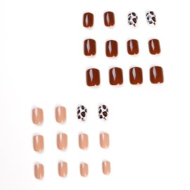 Vezocim Press on Nails Short Square Shapes, 24Pcs Glossy Full Cover Artificial Brown Fake Nails with Leopard Print Designs Reusable Acrylic Coffin Short False Nails Glue on Fingernails for Women