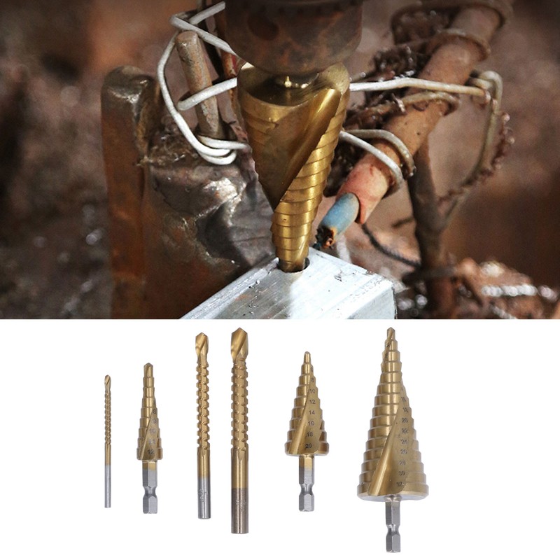 6Pcs/Set Spiral Grooved Step Drill Bit Hex Shank Stepped Drills