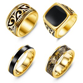 Jstyle 4Pcs Stainless Steel Vintage Signet Rings for Men Biker Rings Set Pinky Thumb Celtic Band Ring Spinner Ring Silver Gold Polished Edge Mens Rings for Men Jewelry Gift Gold Ring Size 7