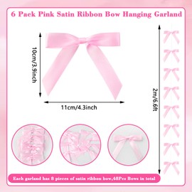 6Pcs Pink Satin Ribbon Bow Hanging Garland Bow Party Decorations Girls Bow Birthday Decoation Pink Bow Hanging Banners Baby Shower Decor Bridal Shower Bachelorette Party Decor Wedding Favors Supplies