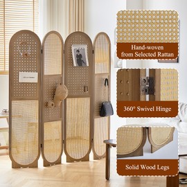 Leesinwing Pegboard Room Divider Panel, Rattan Room Dividers and Folding Privacy Screens, 4 Panel Pegboard Display with 16 Hooks, Wood Room Divider Wall for Jewelry Store, Bazaar, Bedroom, Brown