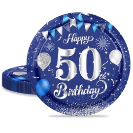 MORAINJAY 50th Birthday Paper Plates, Pack of 16 Blue with Silver Paper Plates for Men, Women, 50th Birthday Party, 9 inch/23 cm Paper Plates for 50th Birthday Party Decoration