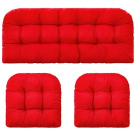 Barydat 3 Pack Outdoor/Indoor All Weather Tufted Wicker Chair Cushions 1 Loveseat and 2 U-Shape Rattan Waterproof Cushions for Patio Furniture, Rattan Love Seat, Bench(Red)