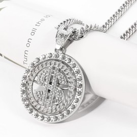 Dollar Sign Necklace 80s 90s Hip Hop Money Necklace Adjustable Ring Iced Out Rhinestone Gold Chain for Women Men Bar Party Jewelry (Silver Rotation)