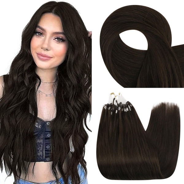Fshine Real Hair Extensions Remy Natural Hair Extensions with Micro Ring Beads 55 cm / 22 Inch Micro Rings Real Hair Extension Darkest Brown 1 g 50 g / Pack Microbeads Real Hair
