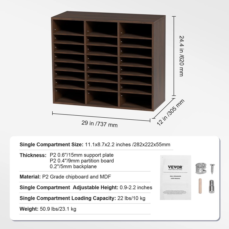 VEVOR 24-Compartment Office Mailbox, Adjustable Shelves, Wood Literature Sorter 29x12x24.4