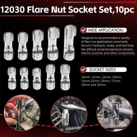 12030 Flare Nut Socket Set, 10pc, 10-19 mm 3/8" Drive Diesel Injector Fuel Line Socket Wrench Set for Fastener on Wired Temperature Sensors, Thermo Switches, ABS Tube, Master Cylinder, Coolant, etc