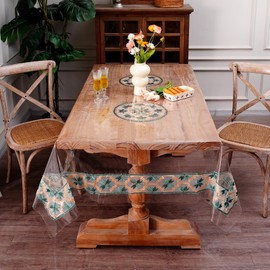 ARTMAGIC Clear Plastic PVC Tablecloth Embroidery Red Lace Rectangle Transparent Table Protector 100% Oil Proof Waterproof for Home Holiday Party Dining Room (Green, 52"x70")