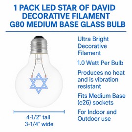 Festive Living LED Hanukkah Star of David Decorative Filament Light Bulb, G80 Globe, Medium E26 Base, 1W, Blue, Clear Glass, Indoor/Outdoor Holiday String Light Replacement - 1 Pack