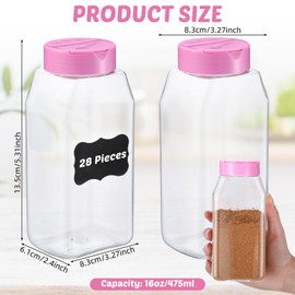 Mifoci 28 Pack 16 oz Plastic Spice Jars with Cap Square Plastic Bottle Containers with Shaker Lids and Stickers Large Seasoning Shaker Empty Powder Storage Container for Storing Salt Herbs (Pink)