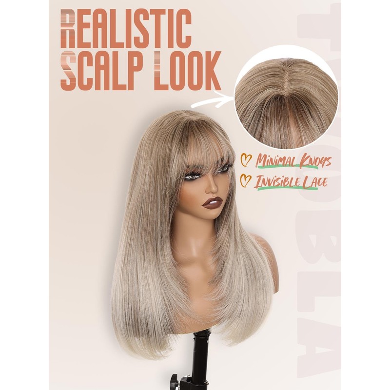 Cool Beige Blonde Long Layered Wig With Bangs For Women