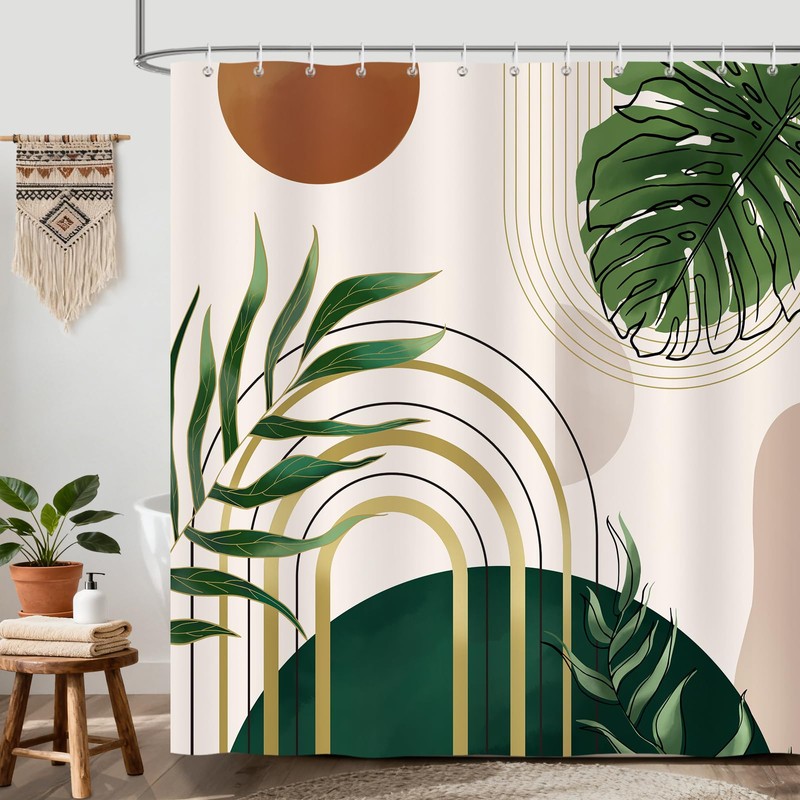Bonhause Boho Shower Curtain, Abstract Modern Arch Sun Green Palm