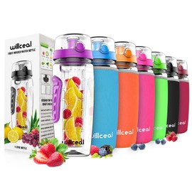 Fruit Infuser Water Bottle 32oz Willceal- Durable, Large - BPA Free Tritan, Flip Lid, Leak Proof Design - Sports, Camping (Purple)