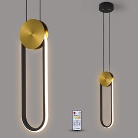 OIYIO Modern Black and Gold Pendant Lights Fixture, RC Dimmable LED Pendant Lighting for Kitchen Island, Oval Linear Pendant Light for Dining Room Kitchen Bedroom Bathroom Single Hanging Light