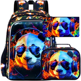 HPJGD 3PCS Panda Bookbag for Boys, Water Resistant Kids Backpack with Lunch Box, 17" School Bag Set for Teenagers Middle Elementary - Sunglasses Panda