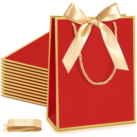 Silkfly 12 Pcs Thank You Gift Bags with Handles 9 x 7 x 3. 15'' Welcome Gift Bags with Bow Ribbon for Wedding Bridal Baby Shower Birthday Housewarming Party(Dark Red, Gold)