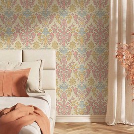 VistaPalette Pink Yellow Blue Damask Flowers Vintage Peel and Stick Wallpaper Wall Decor Self Adhesive Wall Paper Stick on Easy Peel Off Contact for Renter Apartment