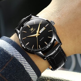 Black Mens Leather Watch for Men With Day Date Casual Round Analog Men Wrist Watches Waterproof Dress Man Watch Fashion Black Face Watch Men Easy Read Simple Men Wristwatches Minimalist Luminous OLEVS Reloj De Hombre