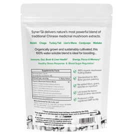 Qi to Life Syner'Qi Mushroom Supplement Powder - Six Functional Mushrooms - Lion’s Mane, Turkey Tail, Reishi, Cordyceps, Chaga & Maitake - Superfood Mushroom Extract Powder - 45 servings | 1.59 oz
