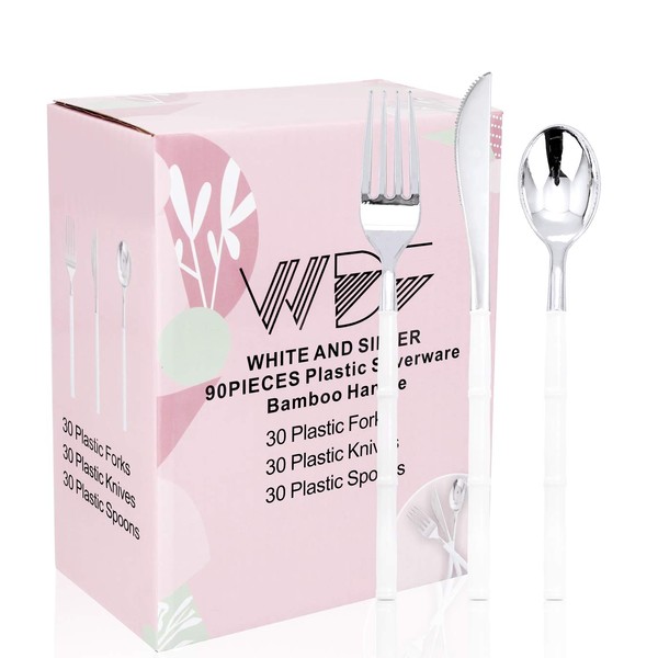 WDF 90Pieces Silver Plastic Silverware-Silver Plastic Cutlery with White Handle- Heavyweight Disposable Flatware Include 30Forks, 30 Spoons, 30 Knives