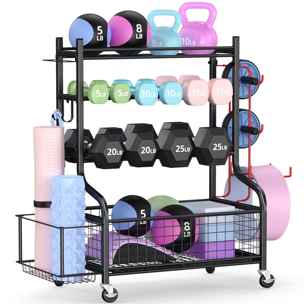 PLKOW Dumbbell Weight Rack, Home Gym Storage for Kettlebells Yoga Mat and Balls, All in One Workout Storage with Wheels and Hooks, Powder Coated Finish Steel