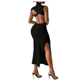 GORGLITTER Women's Open Low Back Cut Out Maxi Dress Summer Graduation Backless Night Out Bodycon Tank Long Sundresses Black Large