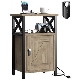 runjuly Wooden Nightstand with Lock, Bed Side Table with Drawers, Bedside Table with Charging Station, 3 USB & 2 Outlets, Night Stand with Storage, End Tables for Living Room, Bedroom, Greige