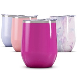 Maars Bev Stainless Steel Stemless Wine Glass Tumbler with Lid, Vacuum Insulated 12 oz Cup | Spill Proof, Travel Friendly, Fun Cocktail Drinkware - Fuchsia