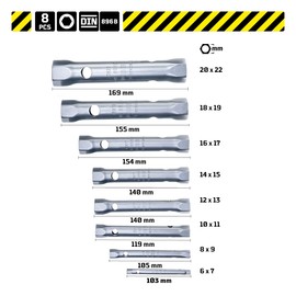Double-sided tubular socket spanner set, long, suitable as a spark plug wrench, 8 pieces, 6-22 mm, No. 450 K, WGB