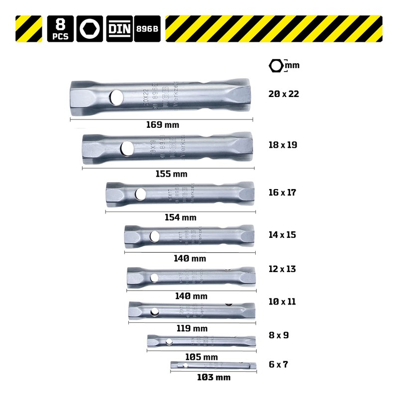 Double-sided tubular socket spanner set, long, suitable as a spark