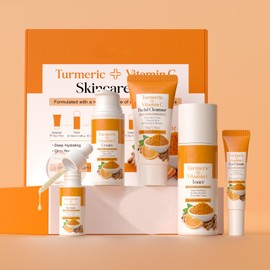 BeauBase Kurkuma Vitamin C Hautpflege Set, Geschenkset Damen,5 Stück Gesichtspflege mit Reiniger, Toner, Serum, Augencreme, Feuchtigkeitscreme