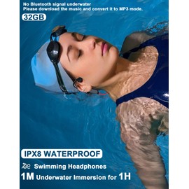 Waterproof Headphones for Swimming, lPX8 Swimming Headphones with 32GB MP3 Underwater Headphones for Swimming, Bluetooth 5.3 Bone Conduction Headphones Waterproof Swimming for Sport (PuDark) (Red X)