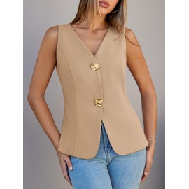 Cicy Bell Womens Summer V Neck Blazer Vest Sleeveless Button Up Dressy Suit Vest Tops Casual Business Fitted Waistcoat