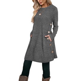 Poetsky Tunic Sweaters for Women with Pockets Side Buttons Spring Long Jumpers for Petite for Leggings Swing Blouse & Shirts 2026 Dark Grey S
