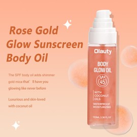 Body Glow Oil, SPF 45 Broad Spectrum, Sunscreen Shimmer Body Oil with Coconut Oils, Moisturizing Wateproof Glowing Oil for Body & Face, Lightweight, Glowy Finish,with Rose Gold Mica