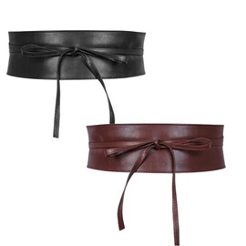 Zasvec Waist Belt Women's 2 Pieces Wide Tie Belt Wrap Belt Waist Belt Leather Belt Obi Belt for Women Girls 87 cm Black/Brown, Black / dark brown